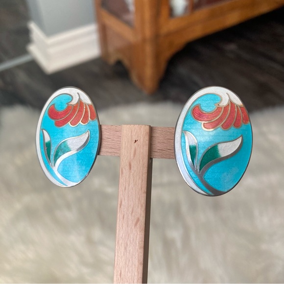 80s Vintage Cloisonné Earrings Floral Lily Blue Statement Classic Chic Art Deco - Picture 3 of 10